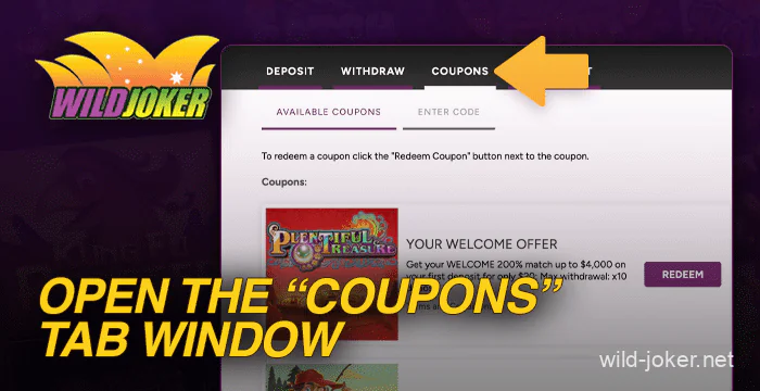 In the new window, click on Coupons on the Wild Joker Casino website