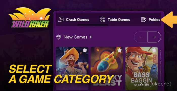 Select a game category from the Wild Joker casino homepage